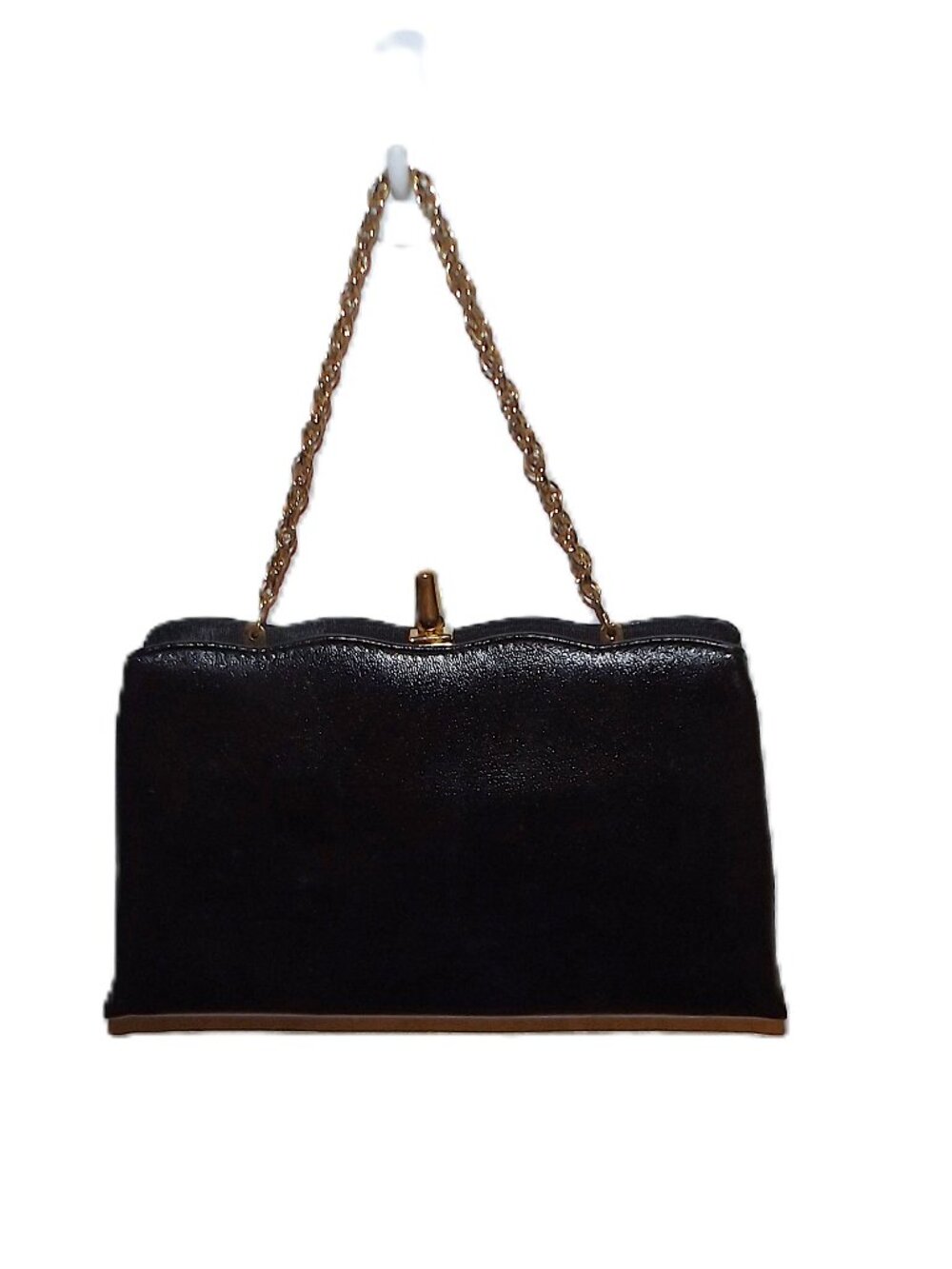 Vintage Black Evening Handbag Clutch Structured Gold Tone Frame